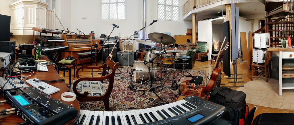 Grand Chapel Studios - Live Room - Adam French Setup - Synthesizers, Piano, Ampeg, Fender Twin, Drum Kit